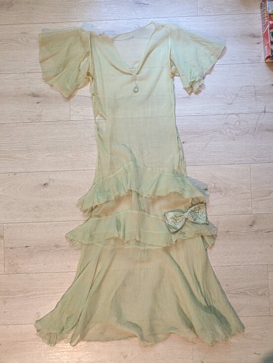 American Vintage Dresses & Skirts - 1930's Silk Chiffon Green Ruffle Dress